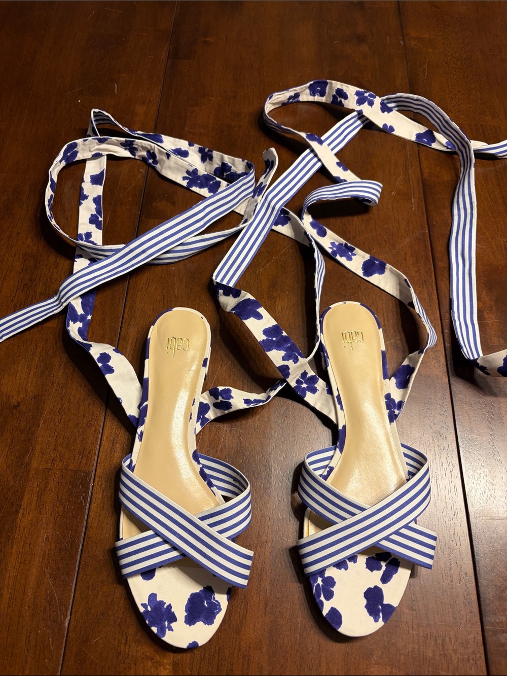 CAbi Blue & White Floral Tie-Up Sandals